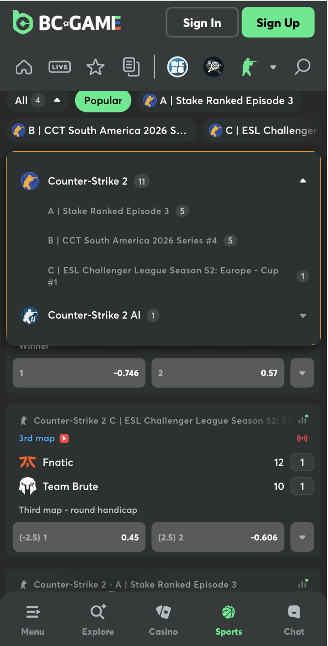 BC.GAME CS2 Odds Example Page Esports Gambling