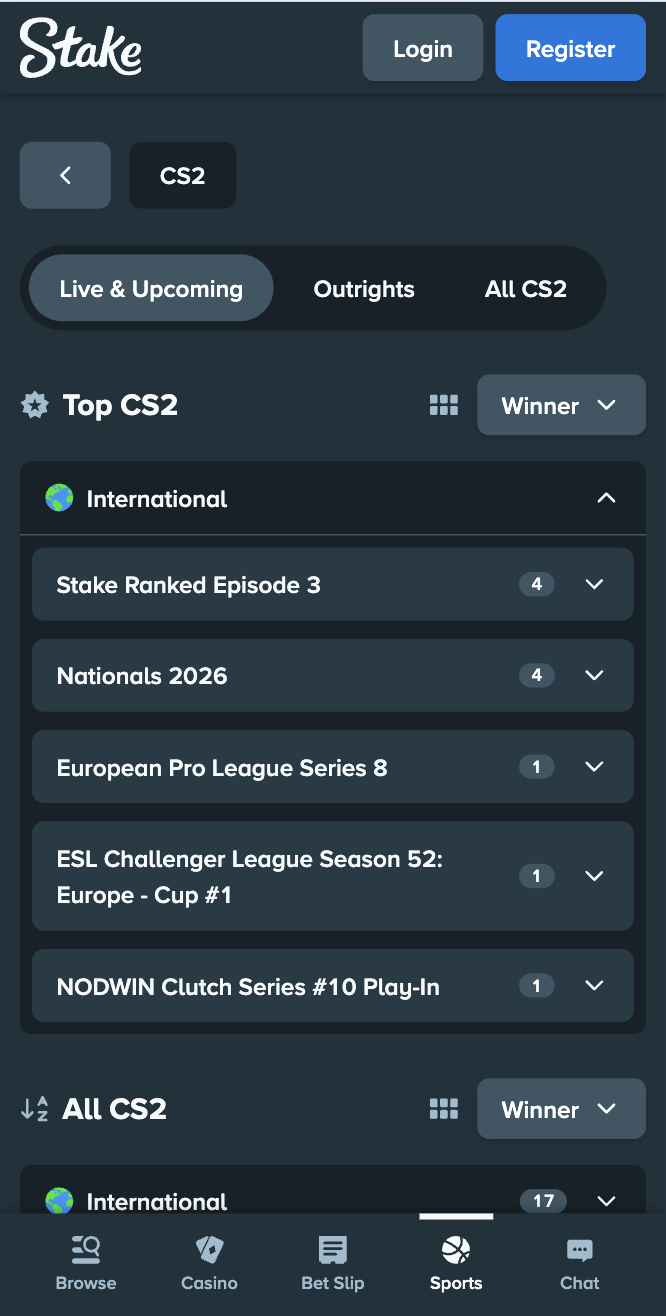 Stake India CS2 Esports Betting Example