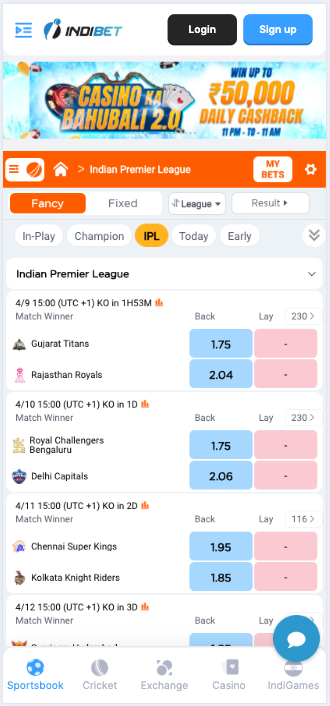 Sports betting options at Indibet