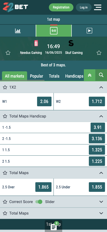 22Bet CS2 Live Betting Odds