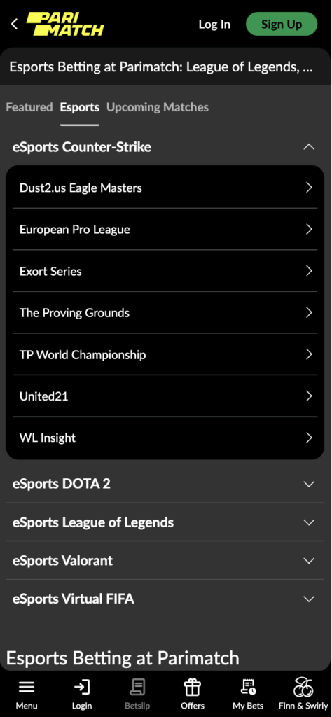 Parimatch CS2 betting options