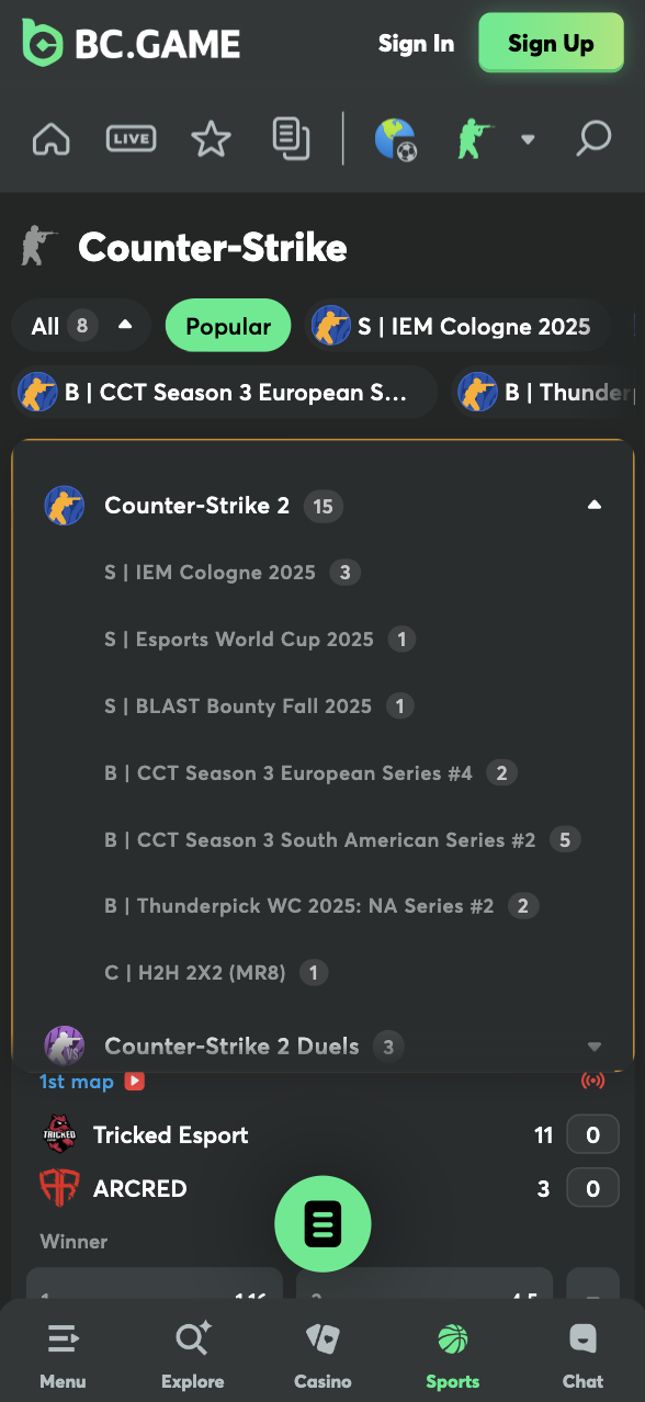 BC.GAME CS2 Betting Options