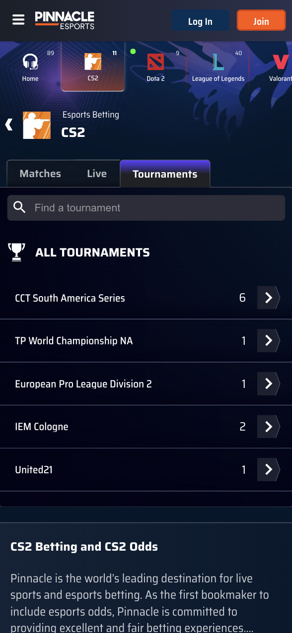 Pinnacle Sports CS2 events and odds