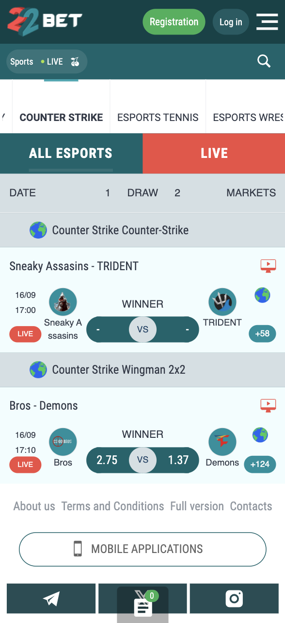 22Bet CS2 Live Betting Odds