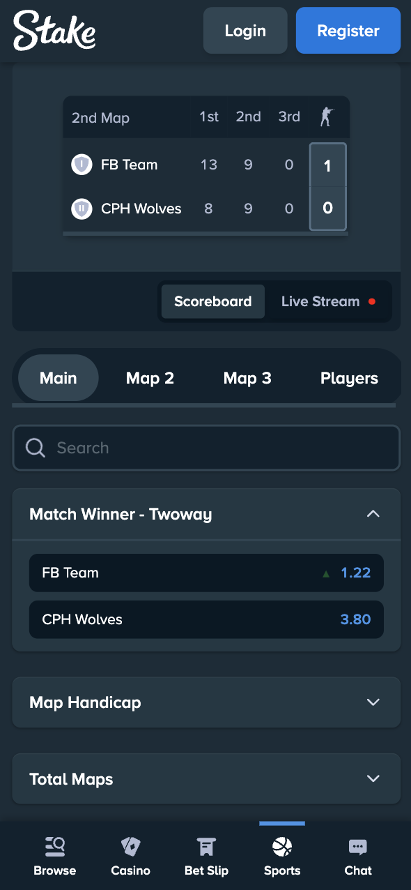 Stake live betting for cS2