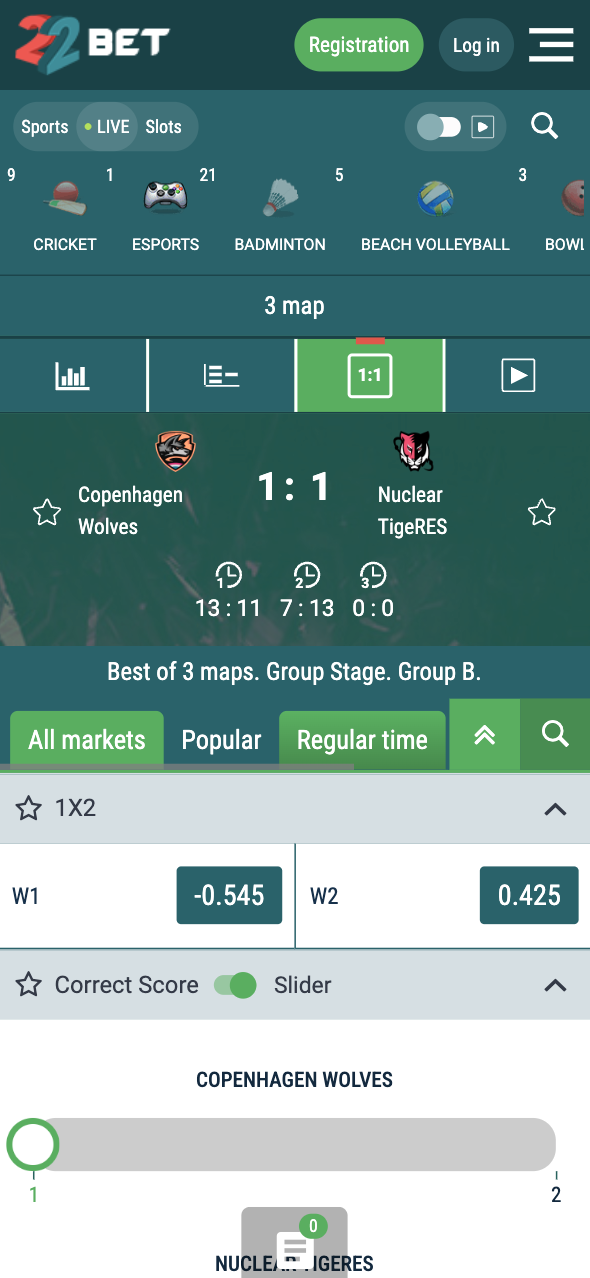 22Bet live betting odds