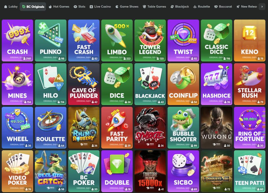 Screenshot of the BC.Game original title games available.