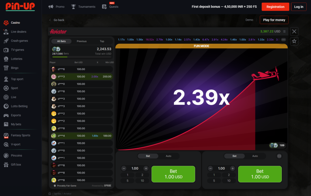 Pin-Up Casino Screenshot with Aviator Game