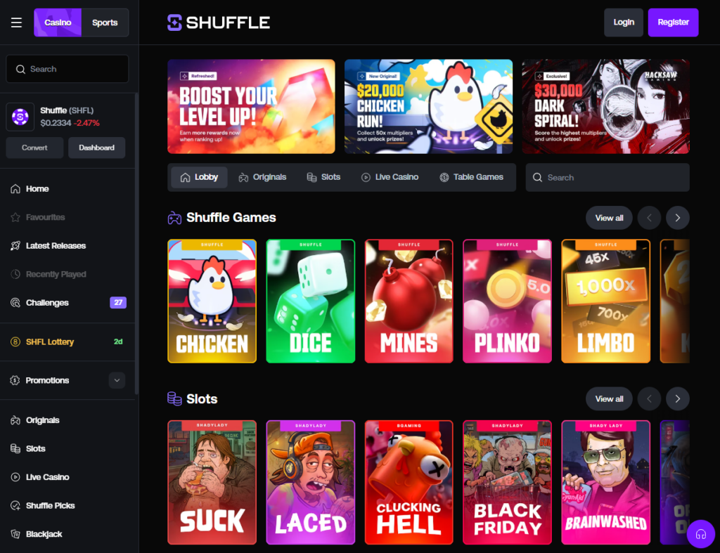 Screenshot of the Shuffle casino platform, with different Shuffle Games and Slots featured.