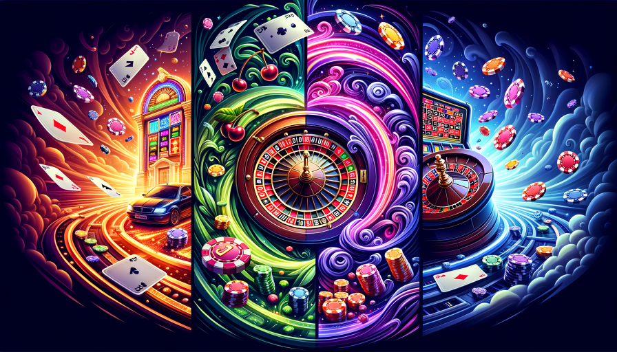 An image showing different types of casino games such as slots, roulette, poker, jackpot and more games.