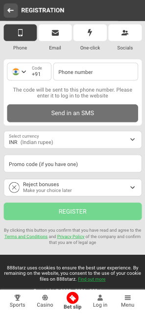 888Starz registration screen - how to claim the 888Starz bonus India