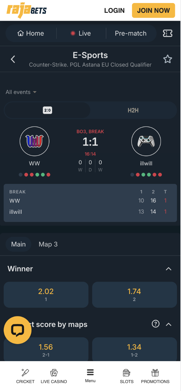 Rajabets CS2 Esports Live Betting Odds