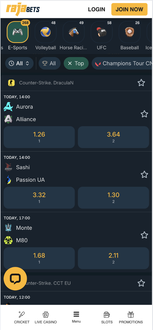 Rajabets CS2 Esports Betting Odds