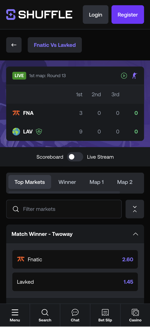 CS2 esports live betting Shuffle India