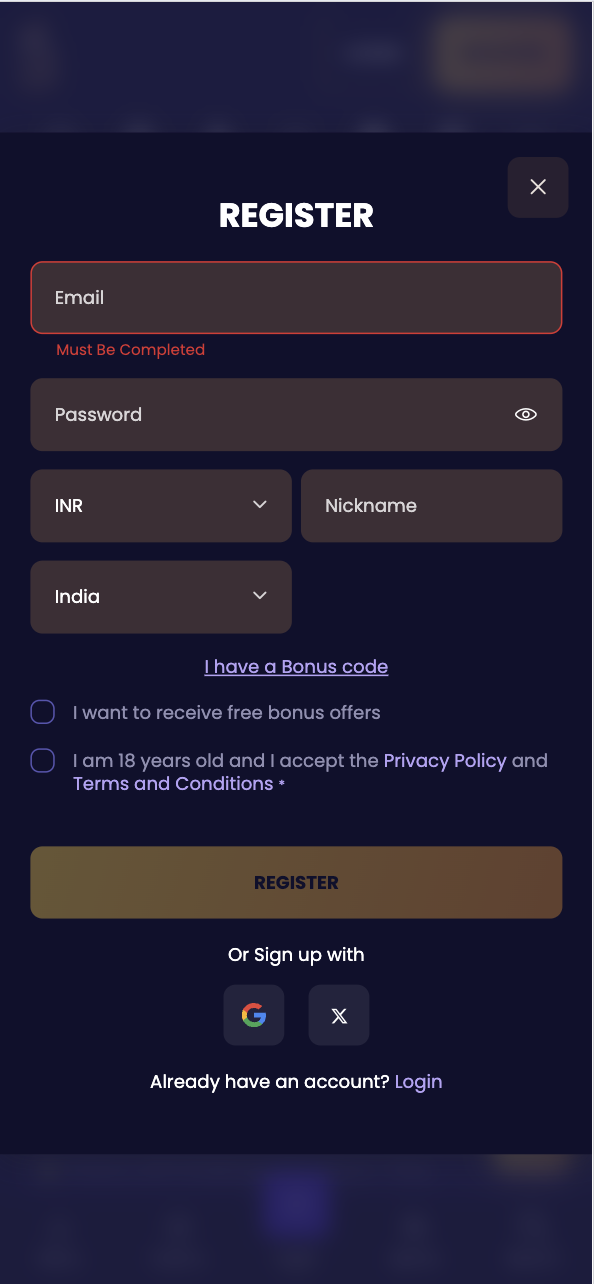 BiggerZ Sign Up Screen India Bonus