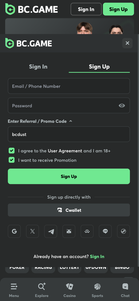 BC.GAME promo code bcdust India sign-up bonus