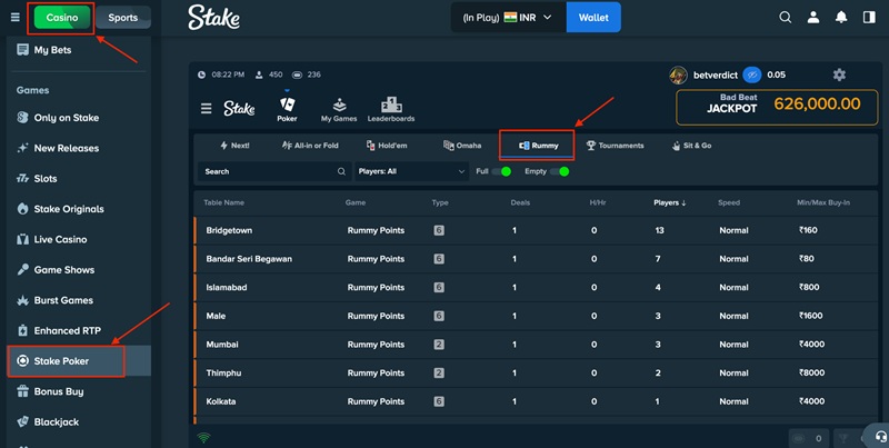 Stake Find the Rummy Game Screenshot of the Stake platform highlighting the Rummy Game under the Stake Poker section on the Stake Casino