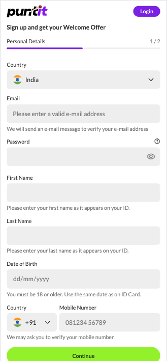 Puntit Bonus Sign-Up Screen
