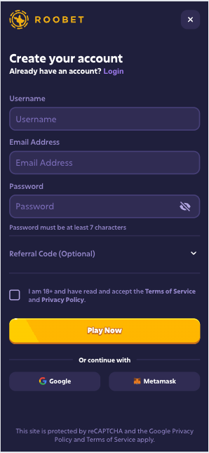 Roobet sign-up screen welcome bonus India